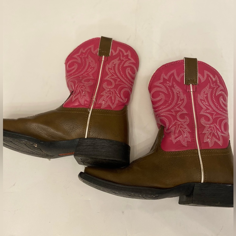 LIL DURANGO MUSTANG GIRLS SZ 1M PINK/BROWN LEATHER SQUARE TOE WESTERN BOOTS